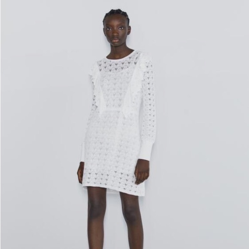 Zara NWT Medium White Pointelle Knit‎ Long Sleeve Mini Dress Ruffles